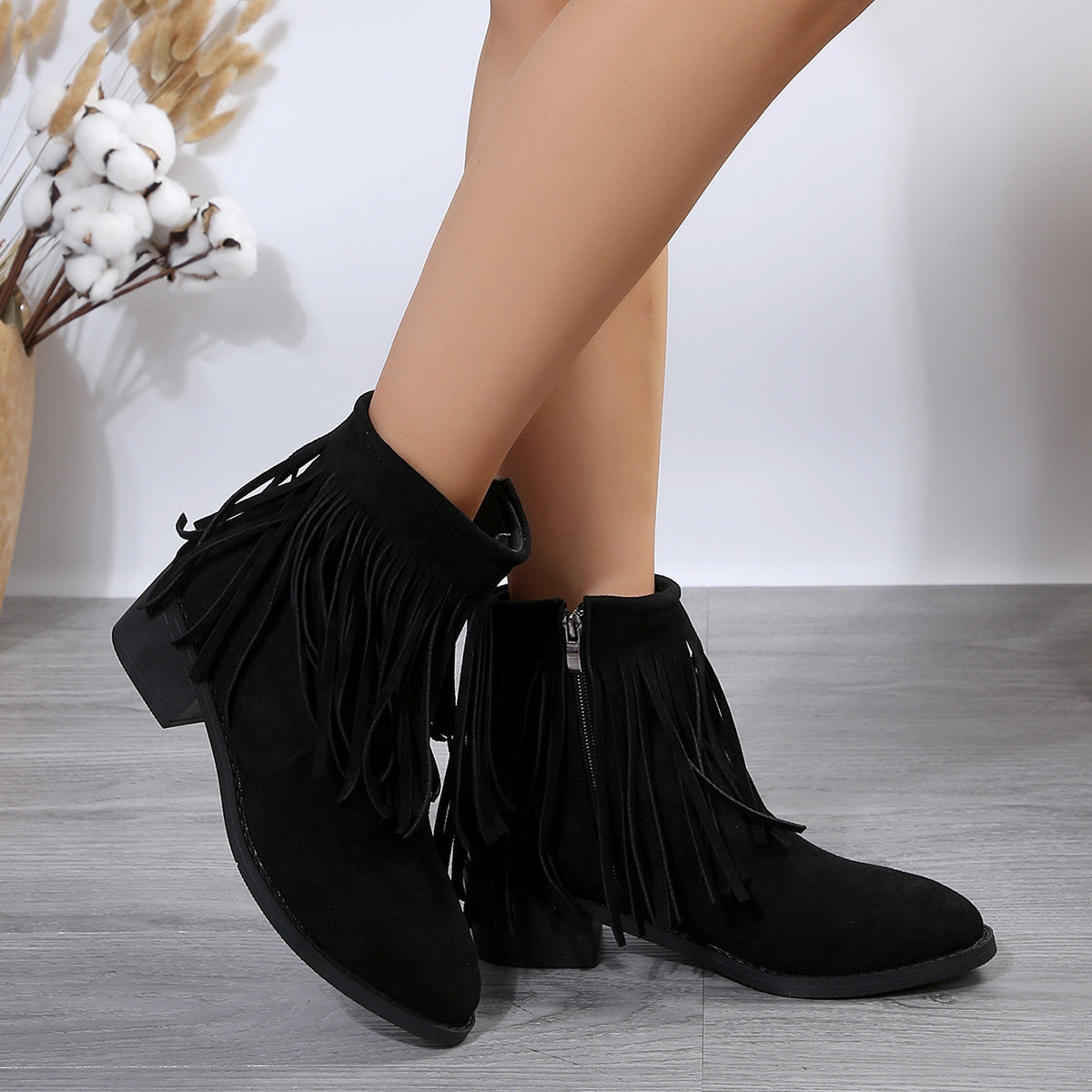 Plus Size Tassel Chunky Heel Boots female boot, heel